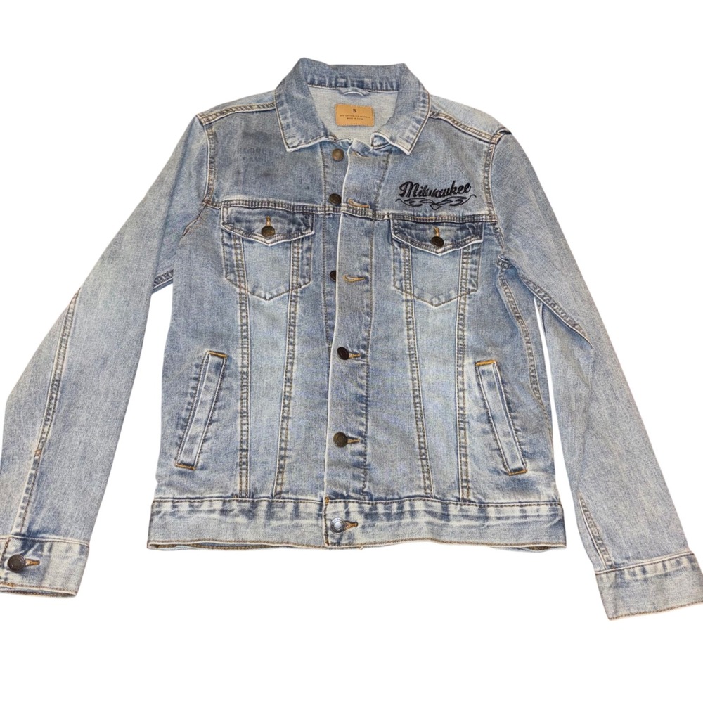 Milwaukee Denim Jacket | Womens Small | Rhinestone Saint or Sinner Back Graphic